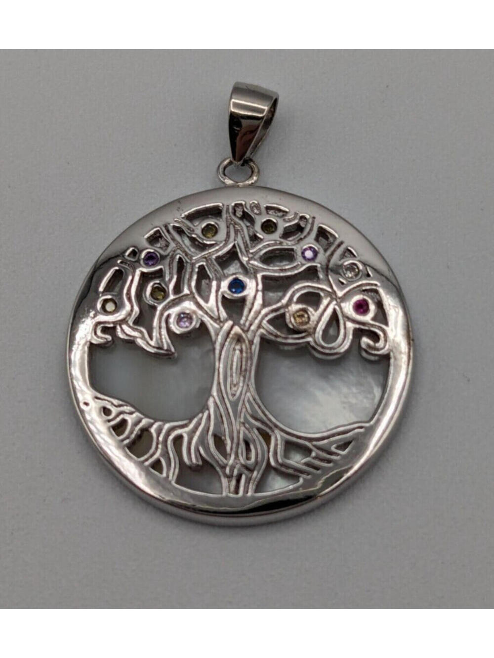 Tree of Life Pendant, Silver & Mother of Pearl with Gemstones, Made in Jerusalem